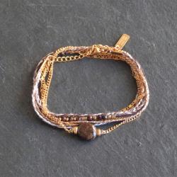 Bracelet Multi Rangs Cristaux Marron et Pierre Acier Doré Omacoo