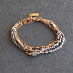 Bracelet Multi rangs Cristaux Gris et Pierre Acier Doré Omacoo